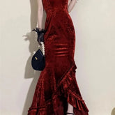 BXOXO Wine red suspender fish tail elegant Goddess Royal dress with hip wrap